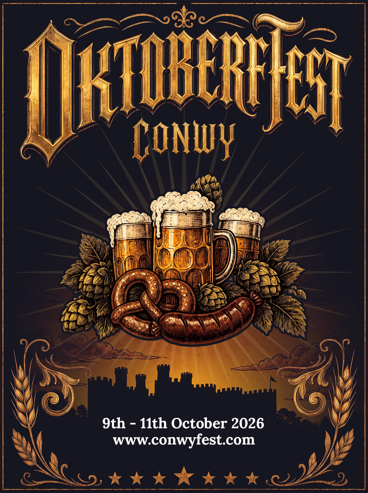 Oktoberfest Conwy poster: beer steins, pretzels and hops in gold above the silhouette of Conwy Castle. 9th to 11th October 2026, www.conwyfest.com